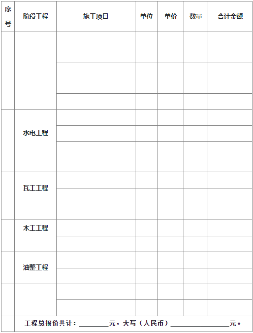 家居裝飾裝修工程總報(bào)價(jià)單（供參考）
